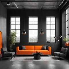 Fototapeta premium Modern Orange Sofa in Dark Loft Apartment