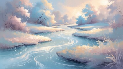 Serene Pastel River Landscape for Peaceful Backgrounds