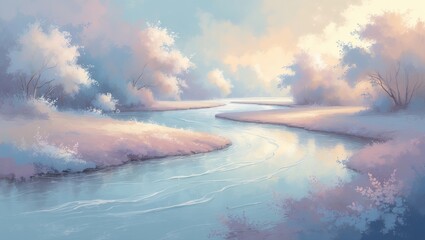 Serene Pastel River Landscape for Peaceful Backgrounds
