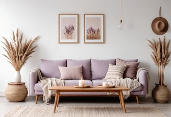 Cozy Living Room Interior with Lavender and Neutral Tones
