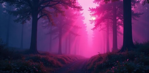 Obraz premium Soft pink lights illuminate a misty forest landscape, ambient atmosphere, soft focus