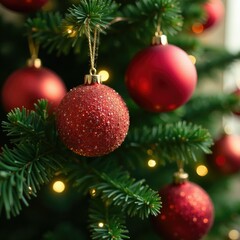 Fototapeta premium Sparkling garland balls on a decorated Christmas tree branch, branch, holiday, decoration