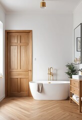 Modern Minimalist Bathroom Interior with Freestanding Tub and Wooden Flooring