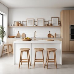 Minimalist Modern Kitchen Island with Wooden Stools