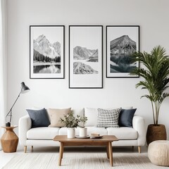 Modern Living Room Interior with Mountain Landscape Prints
