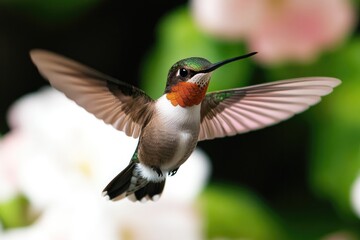 Fototapeta premium Vibrant hummingbird hovers gracefully among delicate flowers, sh