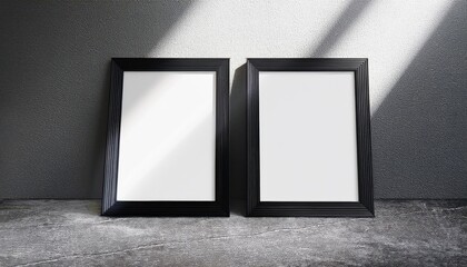 Vertical Black Frame Mockup on Concrete Floor with Light Overlays A Minimalistic Masterpiece Against the Raw Texture of Concrete and the Play of Lights, Perfect for Digital Art, Home Decor, or