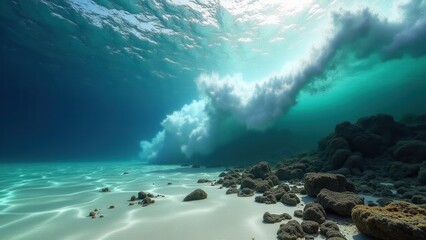 Underwater view of ocean wave breaking over coral reef with sandy seabed	