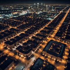 Obraz premium Aerial Night View of Cityscape with Illuminated Buildings and Streets