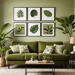 Green Living Room Interior with Tropical Leaf Artwork and Plants