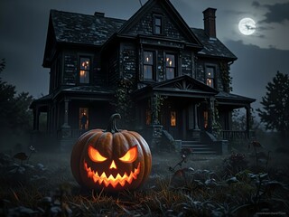 Mystery House with Halloween Pumpkin - Spooky Night Scene