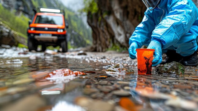 Geologist analyzing soil sample at construction site for energy project   expert in protective gear