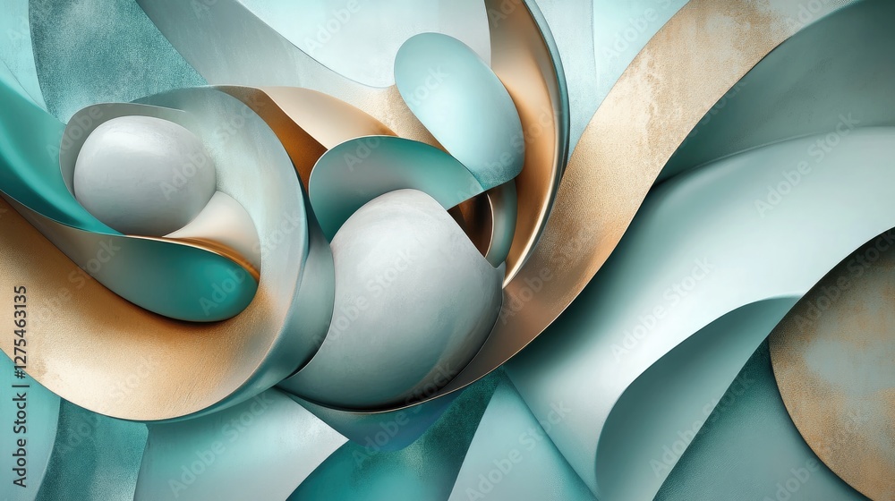 Poster 3D fluid shapes with metallic textures and gradient hues, creating a modern and dynamic abstract composition with depth and vibrancy