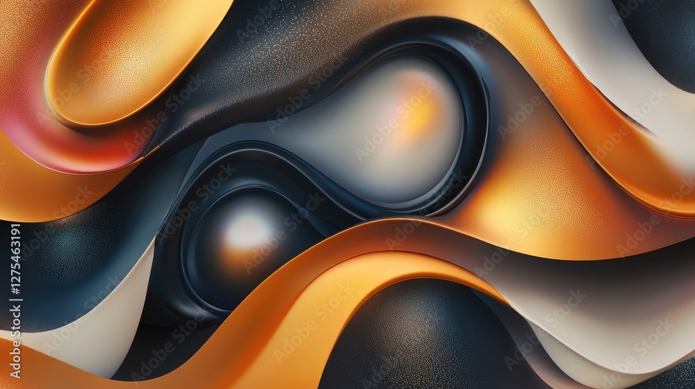 Poster 3D fluid shapes with metallic textures and gradient hues, creating a modern and dynamic abstract composition with depth and vibrancy
