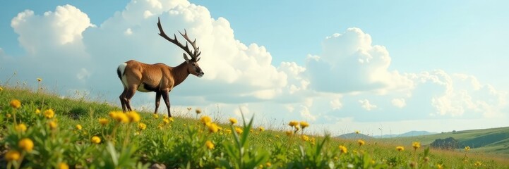Ibex grazing below cloudy sky amidst lush greenery and wildflowers, peaceful, landscape