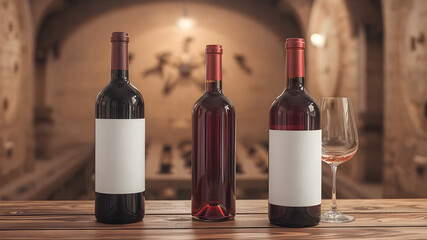 A wine bottle mockup with a blank label space for custom design. The bottle is elegant, placed on a wooden table or in a rustic wine cellar with soft lighting for a warm ambiance.
