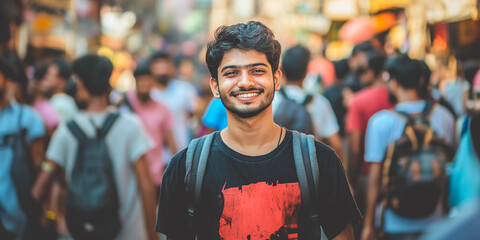 Naklejka premium A happy indian young man in the city.