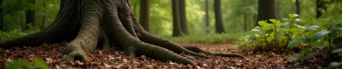 Fototapeta premium Tree trunks with rugged bark and twisted roots, wood textures, forest landscape