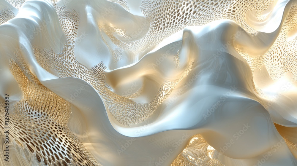 Aufkleber 3d rendered golden liquid waves undulating smoothly with a gleaming, abstract metallic art piece tha