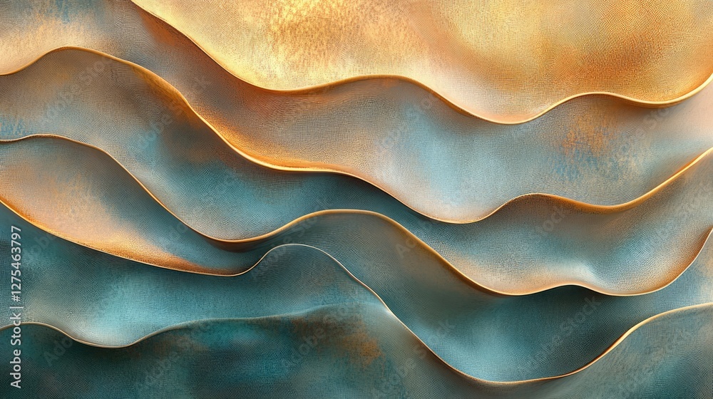 Aufkleber 3d rendered golden liquid waves undulating smoothly with a gleaming, abstract metallic art piece tha