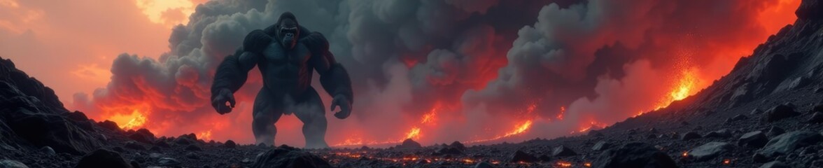 Volcanic ash clouds gather behind the monstrous gorilla, rocky terrain, lava flows, apocalyptic scene