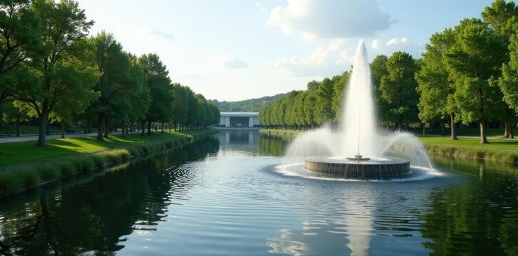 Vladivostok FEFU campus fountain with water features, natural scenery, pond, lake
