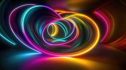 3D rendered neon lights glowing in a dark, futuristic space, creating an intense atmosphere with vibrant colors, deep shadows, and modern energy