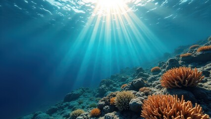 Colorful coral reef underwater with sunlight rays illuminating marine life	