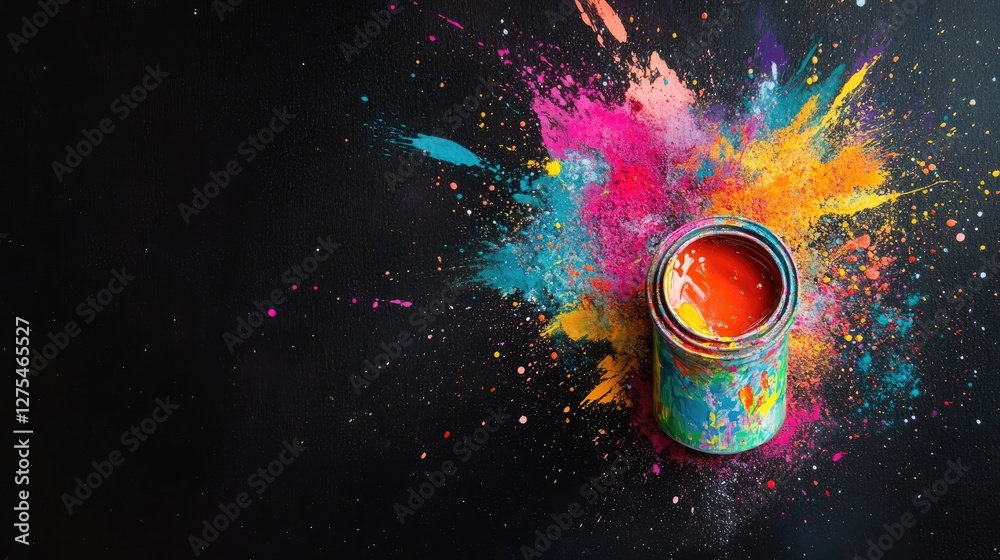 Poster a colorful eruption of paint splatters in bright hues, creating an artistic and lively scene from a 
