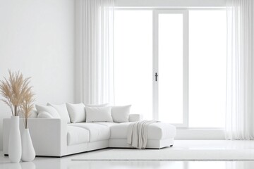 Fototapeta premium Modern living room large window white sofa white vases rug