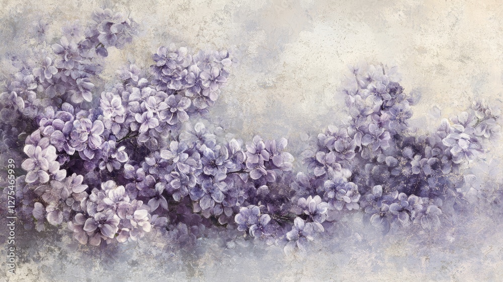 Poster a composition of soft purple flowers blending elegantly with a tranquil background, creating a peace