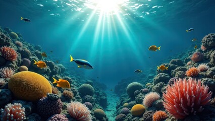 Obraz premium Colorful coral reef underwater with sunlight rays illuminating marine life 