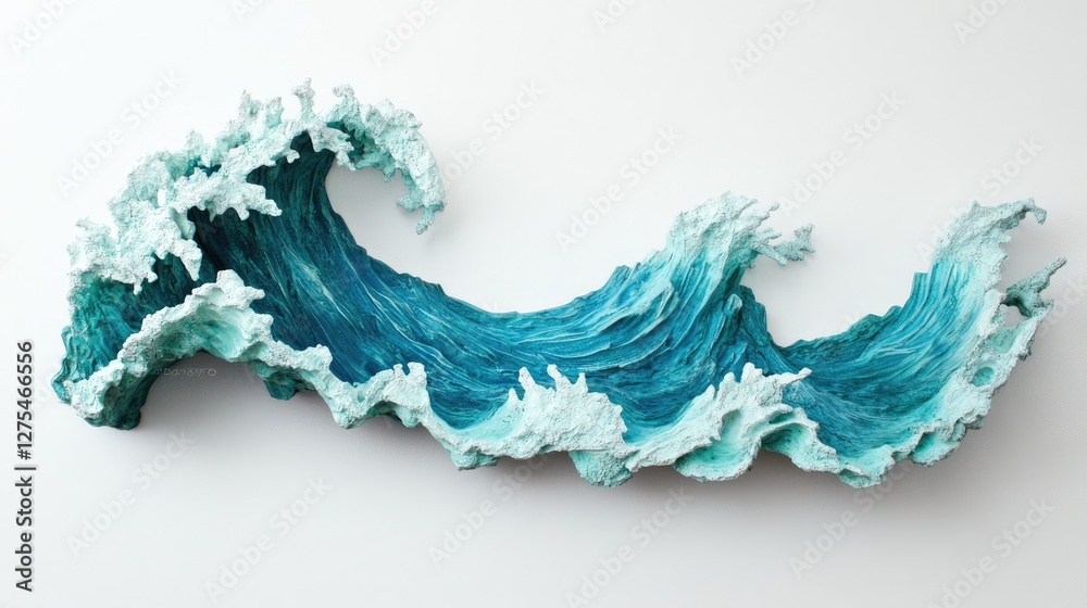 Poster a detailed textured turquoise sea wave set against a simple white backdrop, highlighting the wave's 