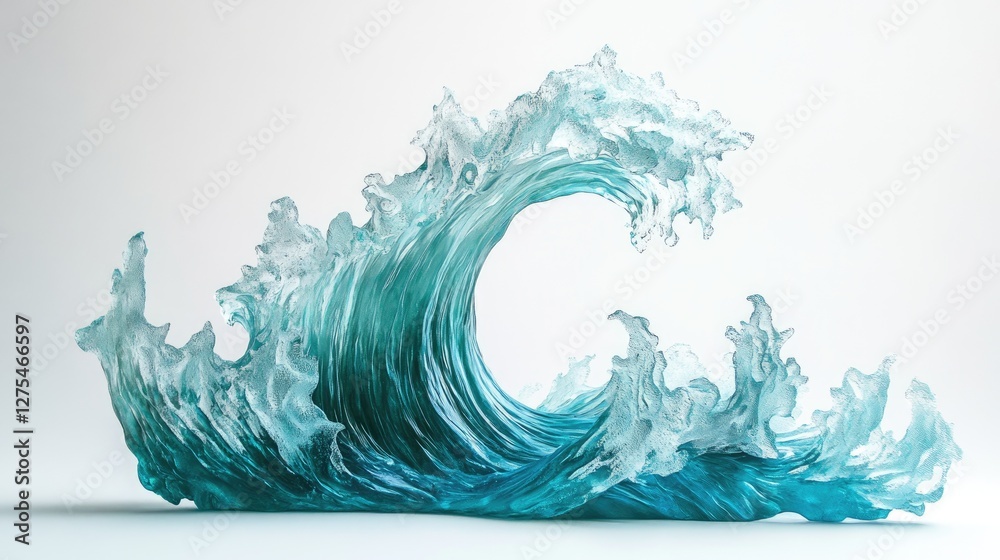 Poster a detailed textured turquoise sea wave set against a simple white backdrop, highlighting the wave's 