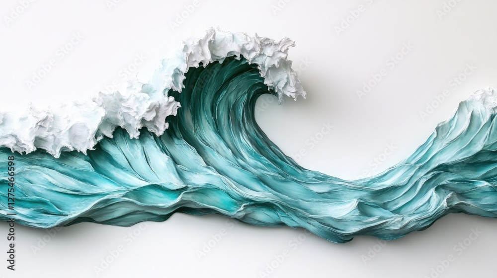Poster a detailed textured turquoise sea wave set against a simple white backdrop, highlighting the wave's 