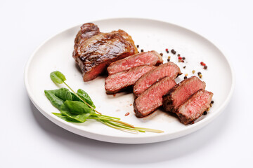 A perfectly cooked sliced striploin steak with a juicy, tender texture