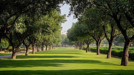 Avenue of trees in a park, sunlight, shadows and green lawns in daytime, a scenic outdoor landscape scene