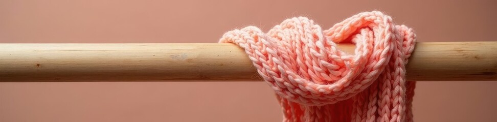 Peach waffle knit scarf knotted on a wooden dowel, fiber, wooden