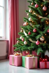 Decorated Christmas tree with pink and green presents, gift wrapping, decorations, aluminum