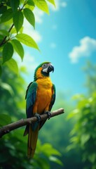Obraz premium Parrot looking up at the sky on a lush green tree, branches, green, leaves
