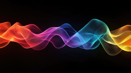 A dynamic pattern of colorful 3D waves creates a vibrant abstract design, full of energy and motion against a dark background