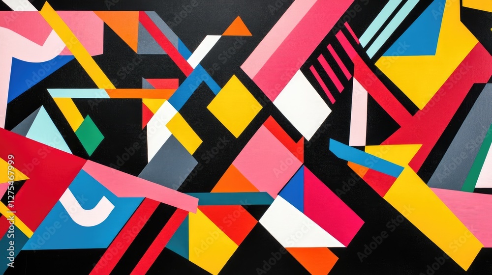 Poster A dynamic pattern of geometric shapes and angular reflections, creating a bold and vibrant background with sharp lines and energetic contrasts
