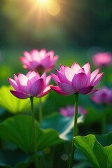 Fototapeta premium Purple lotus blooms in sunlight amidst greenery, photography, purple, floral