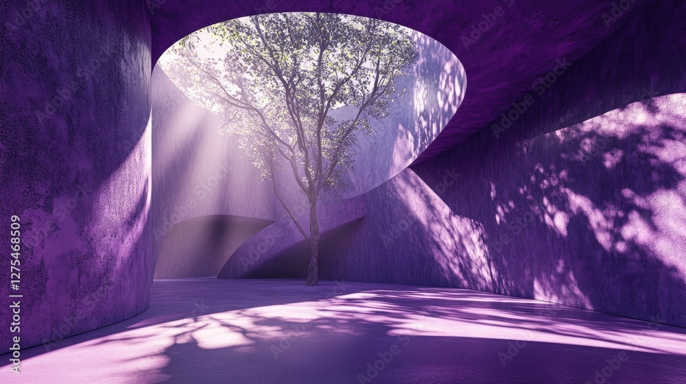 Poster a futuristic purple concrete space with smooth, rounded walls and rough textures, dramatic shadows o