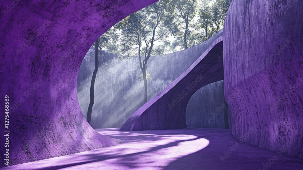 Poster a futuristic purple concrete space with smooth, rounded walls and rough textures, dramatic shadows o