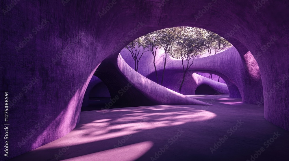 Poster a futuristic purple concrete space with smooth, rounded walls and rough textures, dramatic shadows o