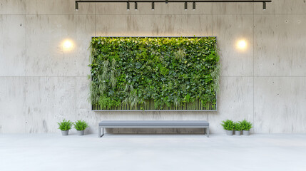 Green wall design with gray bench and indoor plant decor