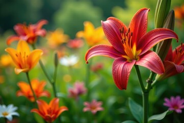 Red lily flowers bloom amidst a tapestry of colorful summer blooms, blooms, greenery