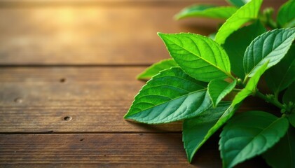 Dyed green plant leaves with subtle shadows on a warm wooden surface, color, plant