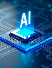 Electronic motherboard with chip AI. Modern processor with AI sign